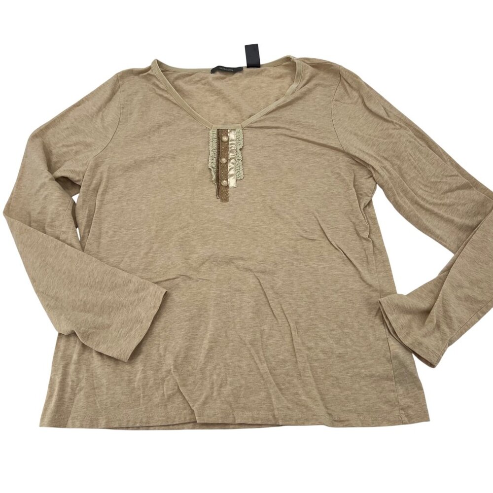 Liz Claiborne Womens XL Beige‎ Long-Sleeve Top With Lace & Pearl Accent 90s